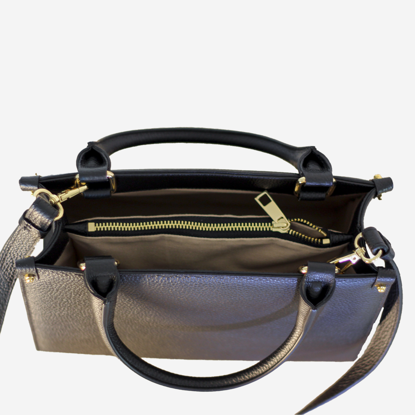 ATENE - Borsa in pelle artigianale con doppio manico, zip e tracolla removibile